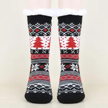 1 пара Осенне-зимних женских носков в пол с принтом рождественской елки, оленя, снежинки, Носки для сна в помещении с утолщенной флисовой подкладкой, средней длины,