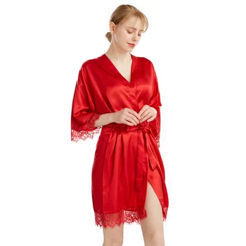 1 шт./лот, женская атласная однотонная ночная рубашка, женская имитация шелкового кружева, пижама с рукавом три четверти, халат