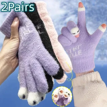 2 пары Зимних новых теплых женских перчаток, Милые перчатки с Кошачьими когтями, Свободные Норковые перчатки без пальцев с сенсорным экраном, Плюшевые перчатки с откидывающимися кончиками пальцев