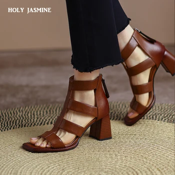 2022 Новые Римские босоножки из натуральной кожи, женские туфли на толстом каблуке высотой 6 см с ремешком сзади, летние женские модельные туфли, женские босоножки