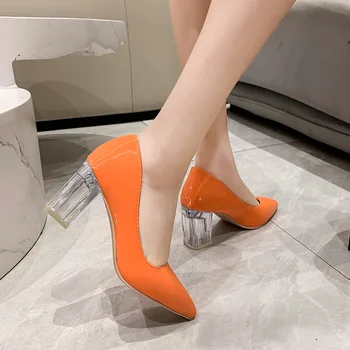 2023 Женские туфли-лодочки из оранжевой кожи на высоком каблуке, женские свадебные зеленые прозрачные туфли, женские туфли