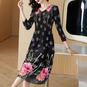 2023, Женское зимнее бархатное плиссированное платье в корейском стиле с длинным рукавом и V-образным вырезом, Модное женское платье с цветочным принтом, Vestido Feminino