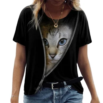 2023 Модные женские футболки с животным 3D принтом, топы, футболка с коротким рукавом, Летние футболки с изображением кота Каваи, Свободная одежда оверсайз