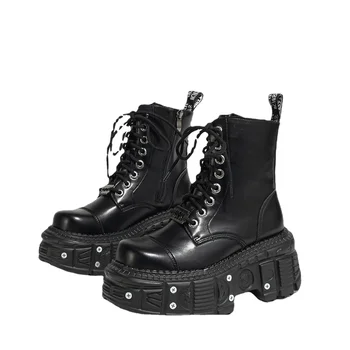 2023 Новые женские ботинки в стиле панк-метал, поднимающие низ, мотоциклетные пинетки на шнуровке, ботинки Muffin.