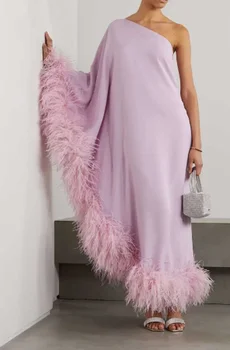 2023 Платье Невесты, платье-халат, Элегантное вечернее платье с одним плечом и фиолетовым пером, бальное платье с длинным рукавом из Саудовской Аравии