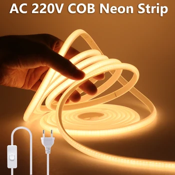 220V COB LED Strip Light 288LEDs/M EU Switch Plug CRI RA90 Водонепроницаемая Силиконовая Трубка Неоновая Лента FOB LED Tape Для Декора комнаты