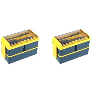 2X Bento Box Kit, 47,35 УНЦИИ Bento Box Для взрослых Ланч-боксов, 3 Отделения Bento Lunch Box, Контейнеры Для приготовления еды Синего цвета