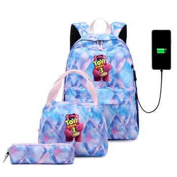 3шт Детский рюкзак Disney Toy Story Lotso с USB-зарядкой, сумка для книг, Mochila для подростков, мужские и женские комплекты повседневных рюкзаков для путешествий