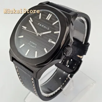 43 мм PARNIS мужские топовые роскошные часы черный корпус черный циферблат Сапфировое стекло дата кожа 21 драгоценный камень механизм Miyota автоматические часы