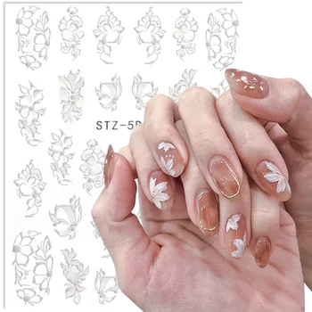 5D Белая наклейка для ногтей с тиснением, Кружевные Цветы Вишни, Бабочка, Геометрические линии, Элегантные Клейкие слайдеры, Наклейки для дизайна ногтей