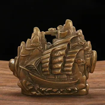9-Дюймовая коллекция Тибетского храма Старинная латунная парусная лодка Плавное плавание Лодка-дракон Офисные украшения Таунхаус Экзорцизм
