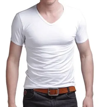 B3031 Летняя футболка с горячей распродажей, новые мужские топы с V-образным вырезом, футболка, приталенная однотонная повседневная футболка с коротким рукавом