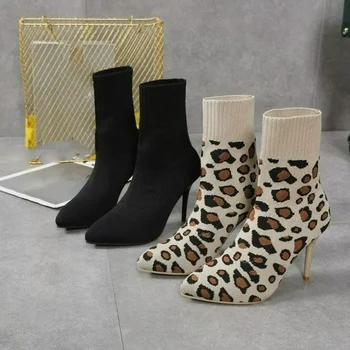 BRCCHENXI, Новые модные ботинки с леопардовым принтом, вязаные туфли на шпильке из прочной эластичной ткани, модные женские ботинки