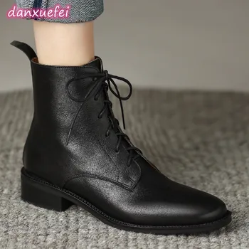 danxuefei/ женские осенние ботильоны из натуральной кожи на шнуровке градиентного цвета, повседневная женская обувь на плоской подошве, короткие ботильоны для женщин