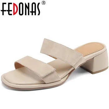 FEDONAS 2023/ Тапочки из натуральной кожи, Летние женские босоножки на толстом каблуке, Лаконичная Повседневная Удобная обувь для зрелых офисных леди, Женщина