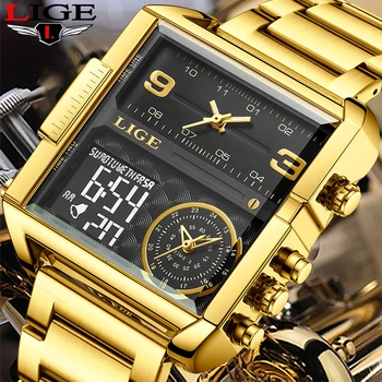 LIGE Новый топовый бренд, роскошные модные мужские часы, Золотые стальные спортивные Квадратные Цифровые Аналоговые большие кварцевые часы для мужчин relogio masculino
