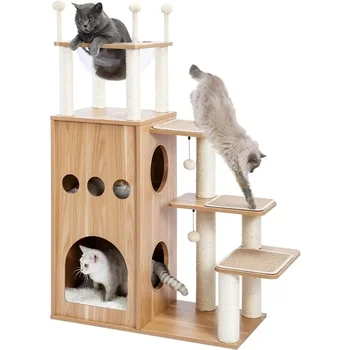 Made4Pets Современное Кошачье Дерево для Крупных Кошек, Деревянная Кошачья Башня Повышенной прочности с Когтеточкой для Больших Кошек в помещении