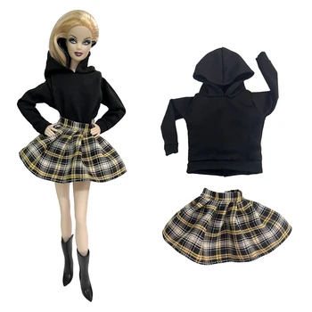 NK New 1 комплект, Черная толстовка, клетчатая юбка для куклы Барби, длинный свитер с капюшоном, одежда для кукол 1/6, Аксессуары и игрушки для кукол