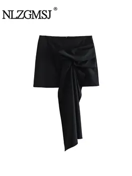 Nlzgmsj TRAF 2023 Весна Лето Черные Элегантные юбки с высокой талией Женские офисные мини-юбки с неправильной застежкой-молнией сзади