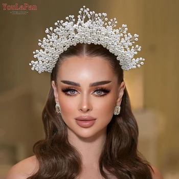 TOPQUEEN жемчуг корона Тиара повязка для новобрачных свадебные головные уборы женские украшения для вечеринок обручи для волос из бисера HP598