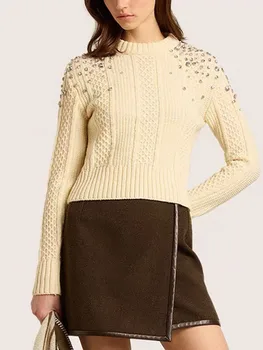 y2k осенне-зимний шерстяной женский свитер с длинным рукавом, украшенный бисером и бриллиантами, корейский модный утолщенный пуловер 2023