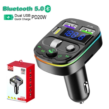 Автомобильный Bluetooth FM-передатчик PD Type-C, быстрое зарядное устройство Dual USB 4.8A, радиомодулятор громкой связи, MP3-плеер, поддержка TF-карты