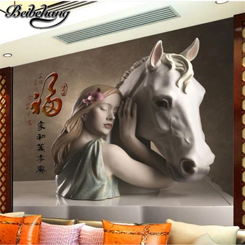 бейбеханг Пользовательские 3D обои HD рельеф девушка и лошадь фреска фон украшение стен живопись фотообои papel parede