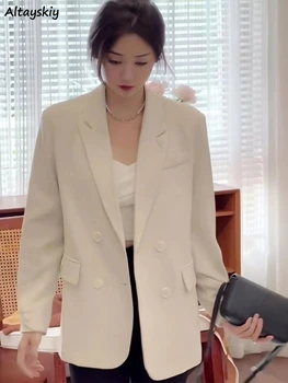 Блейзеры Женские Свободные с разрезом сзади, Шикарные Офисные женские туфли в Корейском стиле, Нежные осенние пальто с простым двубортным дизайном