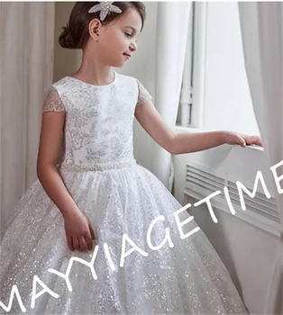 Блестящее платье для Первого причастия, белое платье с переливающимися блестками, кружевное платье в цветочек для девочек с короткими рукавами