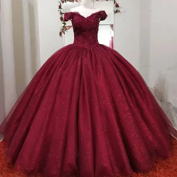 Блестящие бордовые пышные платья с модными аппликациями, тюлевые вечерние платья принцессы 15 на день рождения, Robe De Bal