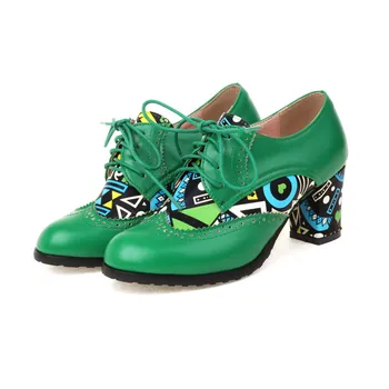 Большой размер, большой размер, круглый носок, толстый каблук, разноцветные туфли-лодочки на шнуровке, женская обувь, простая и элегантная Удобная