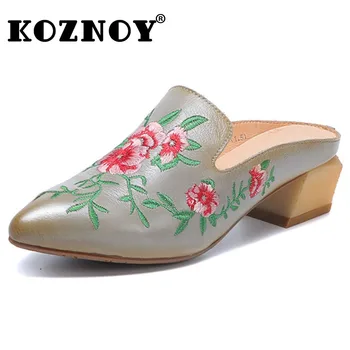 Босоножки Koznoy 3,5 см, Роскошная дизайнерская этническая вышивка, Натуральная Кожа, Массивные каблуки, Летние Тапочки на платформе, Женские модели обуви