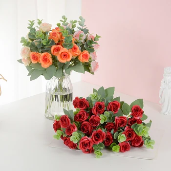 Букет искусственных цветов 30 см, Шелковая роза с листьями эвкалипта, Цветок пиона, искусственные растения для украшения свадебной вечеринки, домашняя ваза.
