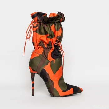 Весенние женские ботинки до середины икры на высоком каблуке с острым носком и камуфляжным принтом, женская обувь на шпильке со шнуровкой Botas Mujer