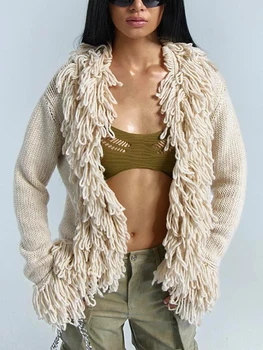 Вязаный свитер для женщин, кардиган с кисточками, открытый спереди, длинный рукав, осенне-зимняя куртка большого размера с карманами