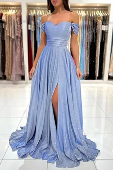 Голубое платье-магазине Синий бюстгальтер с плеча и напольными сплит длинные сверкающие вечерние платья