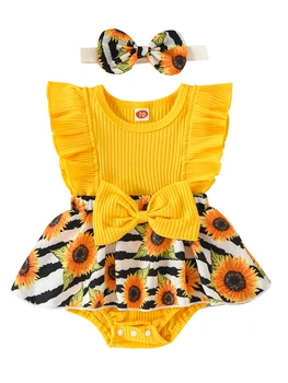 Девочка цветочный комбинезон платье с рюшами кружева Лоскутная повязка и бант - очаровательны новорожденных летний наряд