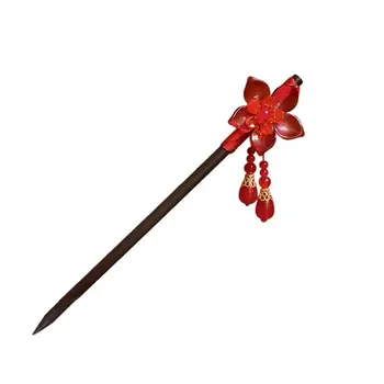 Деревянная палочка для волос с цветком, классическая красная заколка Hanfu с кисточкой, вилка для волос, Новый год для женщин