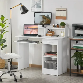 Деревянный компьютерный стол для домашнего офиса с выдвижными ящиками и подставкой для клавиатуры, белый