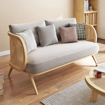 Диван из ротанга из массива дерева в скандинавском японском стиле, журнальный столик, небольшая гостиная, комната отдыха, домашний диван на двоих и троих человек