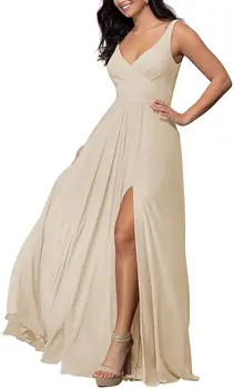Длинное платье подружки невесты с V-образным вырезом цвета шампанского, простая шифоновая юбка трапециевидной формы с разрезом на спине, официальное вечернее платье