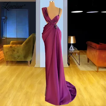 Длинное фиолетовое вечернее платье с атласными кристаллами Вечерние платья 2021 Плюс Размер Платья для выпускного вечера на бретельках Элегантные женские платья Знаменитостей
