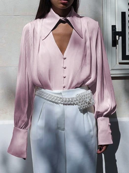 Женская блузка 2023, новая элегантная однотонная открытая конструкция, свободная рубашка с длинными рукавами и пуговицами, кардиган, блузки