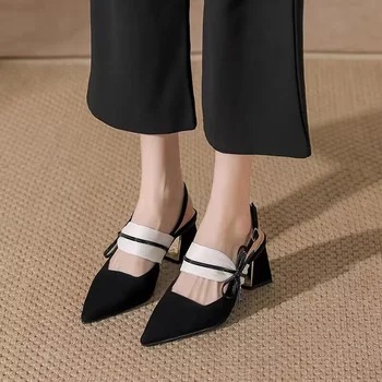Женская женская обувь с заостренной пряжкой сзади и бантом с открытым носком; модные, пикантные удобные женские тонкие туфли на квадратном каблуке 2023. Лето