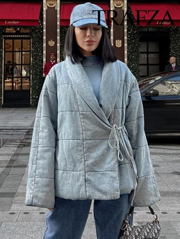 Женская модная джинсовая хлопчатобумажная куртка TRAFZA Осень-зима, теплое пальто большого размера с длинным рукавом, Винтажная толстая парка на шнуровке, верхняя одежда