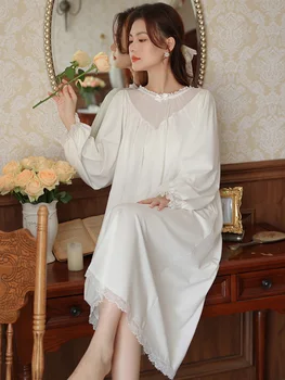 Женская ночная рубашка с длинным рукавом Весенняя хлопковая сетчатая сказочная пижама Французская винтажная принцесса Свободные Викторианские ночные рубашки Пижамы