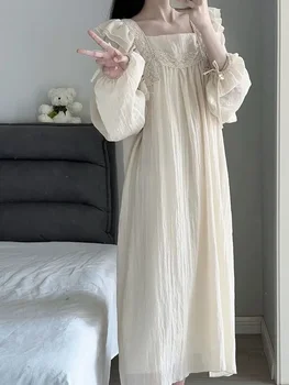 Женская ночная рубашка с квадратным воротником и длинным рукавом в корейском стиле, женская ночная рубашка на шнуровке, милая домашняя одежда, пижама для женщин 2023 года.