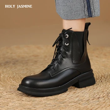 Женские ботильоны для отдыха, мотоциклетные ботинки из натуральной кожи, модная женская черная обувь на толстом каблуке с перекрестной шнуровкой, осень-зима 2022 г.