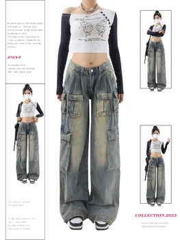 Женские винтажные прямые джинсы-карго Y2k 90-х, мешковатые джинсовые брюки Harajuku с широкими штанинами, Модные эстетичные ковбойские брюки, одежда 2023
