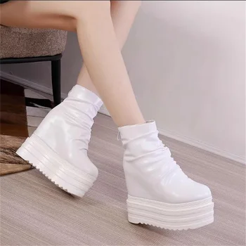 Женские осенне-зимние туфли на очень высоком каблуке 14 см, корейская версия, непромокаемые туфли на платформе muffin с толстой подошвой и флисовыми мартенами